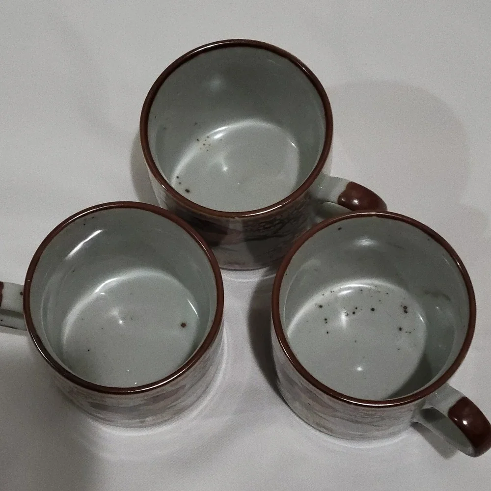 Vintage Asian Style Stoneware Tea Cups Bird Motif Set of 3 Chinoiserie